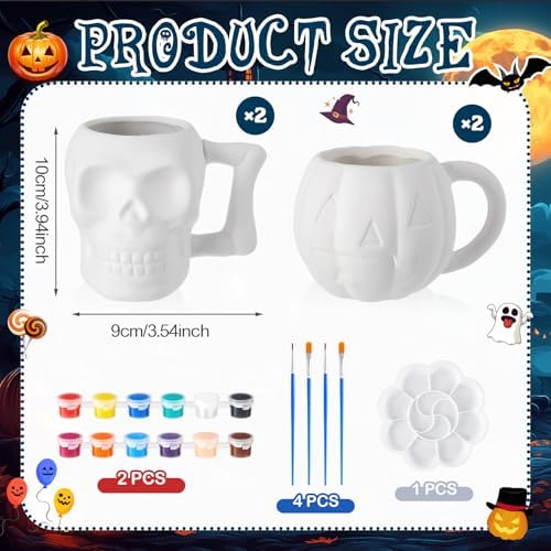 LOYIM Set of 4 Halloween Ceramic to Paint, Pumpkin Skeleton Painting Mug