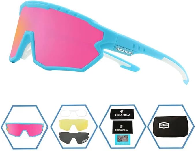 Sports Sunglasses Cycling Glasses Pink Polarized Glasses Baseball glasses with 3 lenses,Fishing,Ski Running Golf