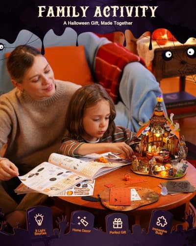Rolife Halloween Haunted Candy House DIY Miniature House Kits with 9 LED Lights, Beginner-Friendly Tiny House Model Building Kits, Spooky Halloween Tabletop Decor, DIY Creative Hobby Gifts for Teens