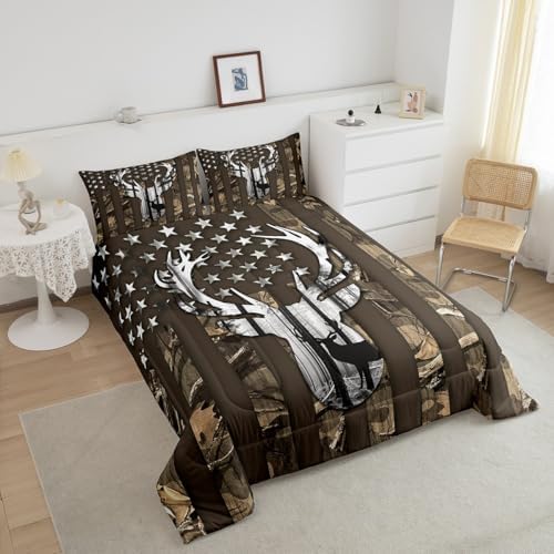 Camo American Flag Twin Comforter Set Boys,Deer Antlers Brown Camouflage Quilt Set Flags for Room Teens,Wild Animal Hunting Rustic Farm Branches Leaves Plant Stars Stripes USA Flag Bedding Set