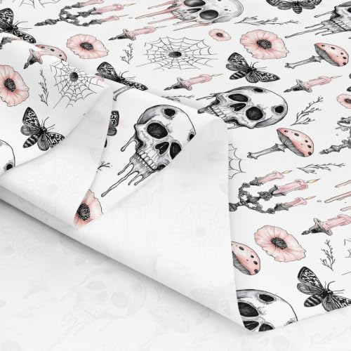 Sketch Skull Fabric by The Yard Mushroom Pink Poppy Plants No Stretch Fabric for Sewing Supplies Gothic Style Moth Spider Web Soft Polyester for Home DIY Projects 2 Yards Whole Piece,72" L x 59" W