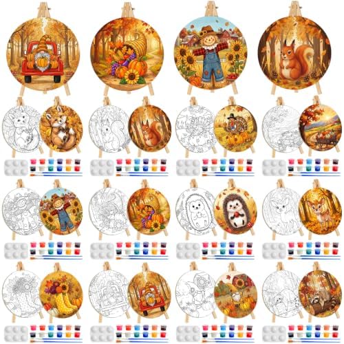 Supervitae 72 Piece Fall Round Pre Drawn Canvas Kit 5.9" Paint and Sip Kit for Adults Painting Party Pre Printed Canvas DIY with Pictures Paints Easels Brushes for Autumn Party Gifts