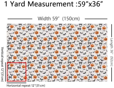 Halloween Pumpkin Fabric by The Yard Cartoon Human Skull Bat No Stretch Fabric for Sewing Supplies Gingham Bow Stars Decor Soft Polyester for Home DIY Projects 3 Yards Whole Piece,108" L x 59" W