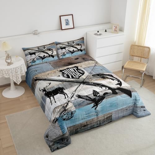 Hunt Fish Comforter Set Twin Size,Deer Bird Fish Animal Hunting Quilt Set for Kids Boys Bedroom Gift,Rustic Retro Wooden Board Polyester Bedding Set with 1 Pillowcase,2Pcs