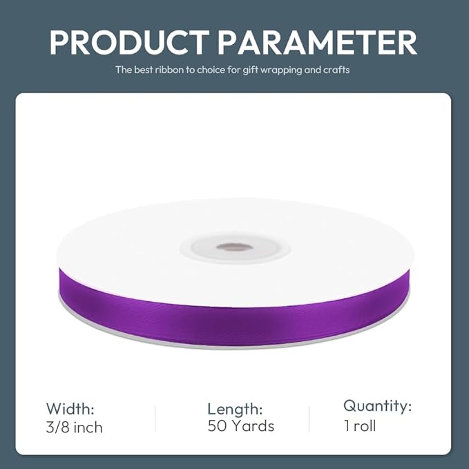 KMER LIFE 3/8" Wide x 50 Yards Purple Single Faced Polyester Satin Ribbon - Image 2