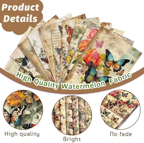 Hahafelt 10 Pcs Vintage Butterfly Quilting Fabric Square 18 x 22 Inch Retro Butterfly Floral Quilted Fabric Bundle Multicolor Precuts Printed Patchwork Supplies for Holiday DIY Sewing Craft