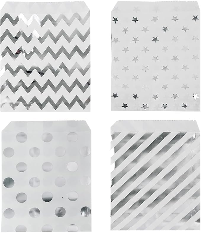 KEYYOOMY 100 Pcs Silver Candy Buffet Bags Small Cookie Bags Polka Dot Paper - Image 3