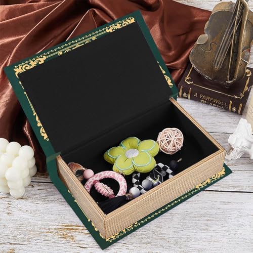 Vintage Book Trinket Box Faux Book Storage Box Dark Green 9.1 x 5.9 x 2 Inch Rustic Storage Organizer for Jewelry Trinket Wedding Memories Hobby Keepsake Photos Home Office Decoration