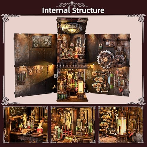 fifijoy Book Nook Kit, DIY Miniature Dollhouse Booknook Kit, 3D Wooden Puzzle Bookend Bookshelf Insert Decor with LED Light for Teens and Adults (Steampunk Mad Scientist Laboratory)