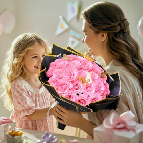 36 Pack Glitter Roses Bouquet Kit - DIY Fake Shiny Flowers with Stems Butterfly Crown Eternal Floral for Graduation Handmade Wedding Bouquet Anniversary Birthday Gift - Light Pink