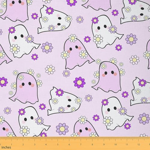 Jejeloiu Happy Halloween Fabric by The Yard Kawaii Ghost Printed Upholstery Fabric for Chairs Purple Ghost Floral Waterproof Indoor Outdoor Decor for DIY Sewing Craft Projects 5 Yards
