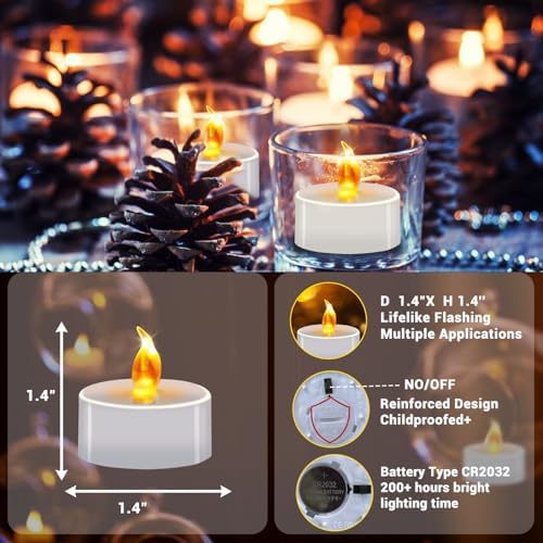 50 Pack LED Tea Lights Bulk, Realistic Flickering Battery Candles (200+ Hours), Warm Amber Flameless Votives for Church Vigils, Restaurant Ambiance, Spa & Wedding Reception (Warm Yellow)