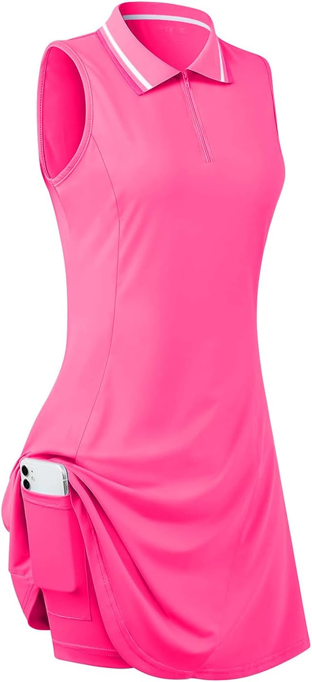 Womens Sleeveless Golf Tennis Dresses with Inner Shorts＆Pockets for Workout Exercise