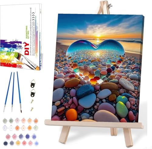 MIRCVSH Love Stone Paint by Numbers for Adults with Framed Canvas-with Wooden Easel,Paint by Number on Canvas,DIY Acrylic Oil Painting Kits with Brushes Nice Gift Box for Home Wall Decor(12x16 Inch)