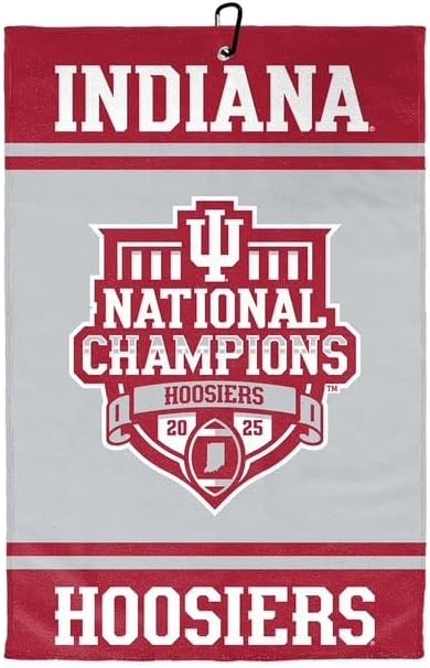 Indiana Hoosiers 2025 National Championship Golf Towel, 16" x 24" Microfiber Towel with Aluminum Clip, Officially Licensed NCAA Accessory