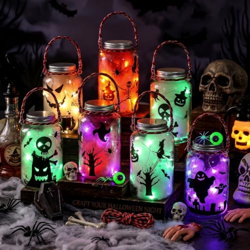 FoldTier 8 Pack DIY Halloween Mason Jar Craft Kit Set, Plastic Lantern Jar