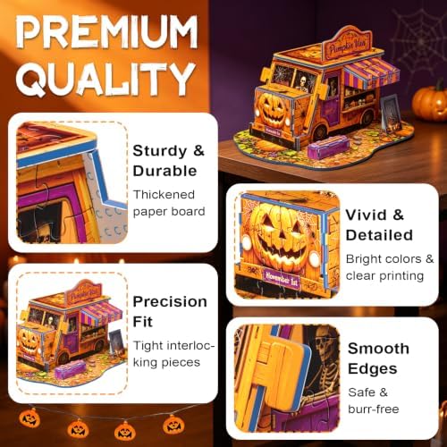 Halloween 3D Puzzle for Adults, Pumpkin Van Miniature Building Kit, DIY Craft Model Kit, Spooky Halloween Festival Decoration Display, 3D Paper Puzzle Home Décor Gift for Teens Family & Friends
