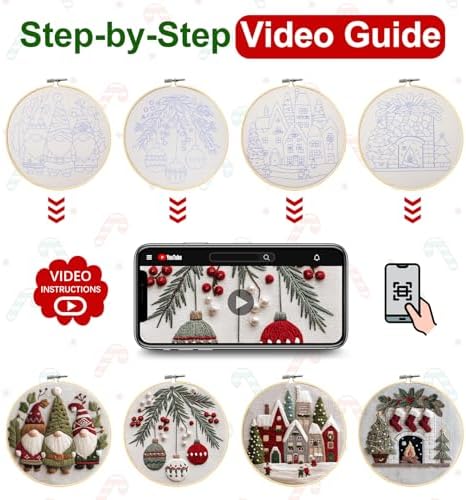 Santune Christmas Embroidery kit,Fall Needlepoint Cross Stitch Kits for Beginners Adult,Needle Point Sets,4 Embroidery,2 Hoops,Christmas Ornaments
