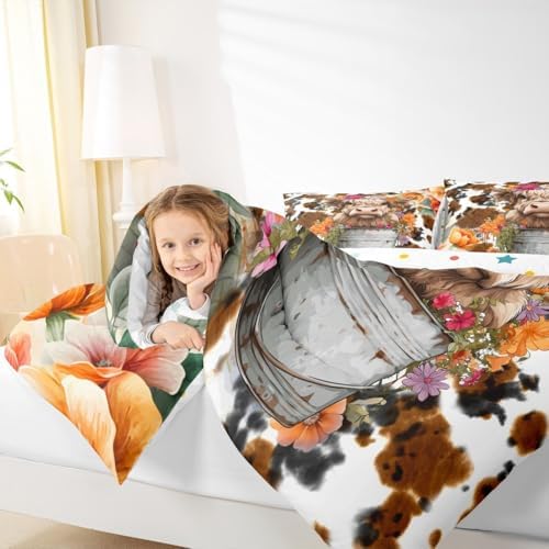 Highland Cattle Cup Comforter Set for Kids Adults,Retro Cow Skin Farmhouse Animal Soft Bedding Comforter Sets King,Watercolor Wild Flowers Rustic Style Quilt Comforter with 2 Pillowcases