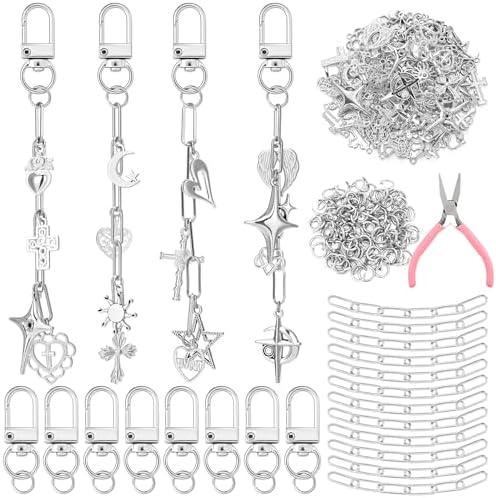 Tondiamo 266 Pcs DIY Keychain Making Kit Charm Jewelry Chain Making Crafts with 120 Charms 20 Keychain Clips 120 Jump Rings 25 Extender Chain and Plier for Women Bag Gift(Gothic, Silver)