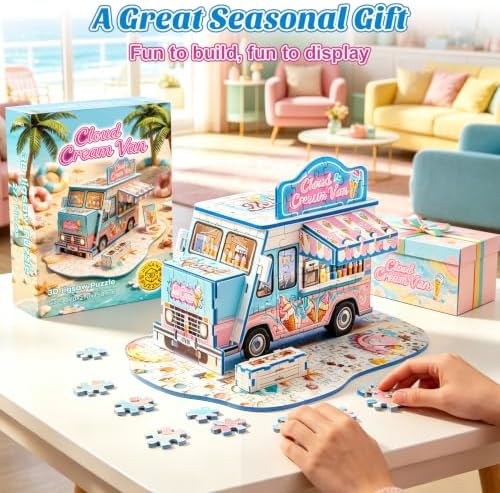 3D Puzzle for Adults, Ice Cream Van Miniature Model Kit with 277 Pieces, DIY Building Craft Kit, Colorful Summer Beach Decoration Display, Home Decor Gift for Teens Family & Friends