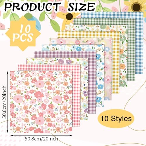 Hahafelt 10 Pcs Floral Gingham Quilting Fabric Bundles 20 x 20 Inch
