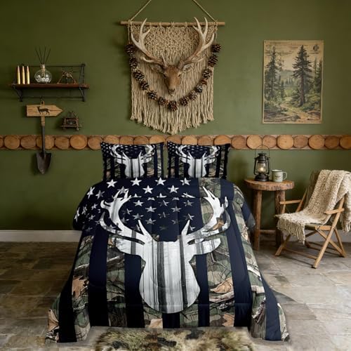 Rustic Deer Comforter Set Twin Size,Wild Animal Hunting Hunter Lodge Decor Quilt Set,Green Camo Print Stars Stripes American Flag Branch Plant Bedding for Camping RV Travel Trailer, 1 Pillowcase