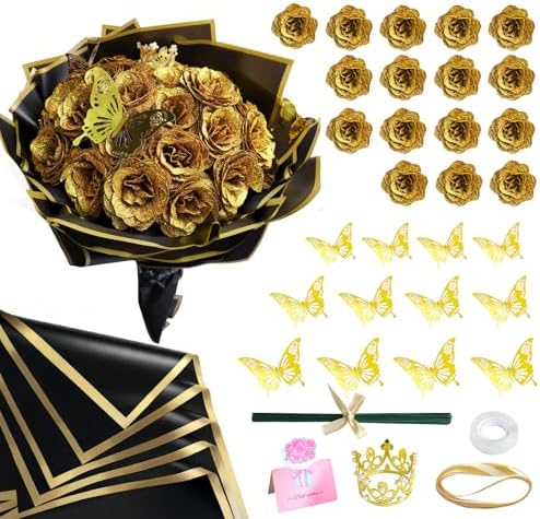DIY Glitter Roses Bouquet Kit Gold- 16 Fake Shiny Flowers with Stems Butterfly Crown Eternal Floral for Graduation Handmade Wedding Bouquet Anniversary Birthday Gift, for Her