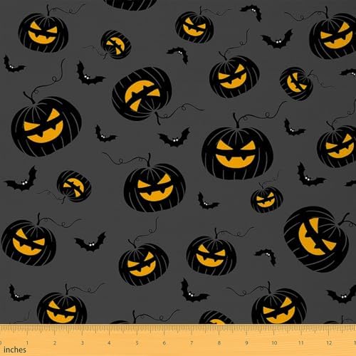 Feelyou Halloween Theme Soft Flannel Fabric by The Yard Kids 1 Yard Pumpkin Lantern Upholstery Fabric for Chairs Bat Black Animal Trick or Treat for Home DIY Projects, Indoor Decor
