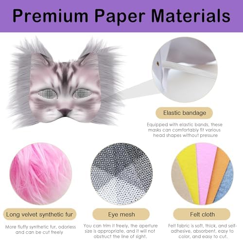 J6&H6 22 Pcs DIY Therian Mask Kit with Exclusive Funny Stickers, Blank Cat Mask,Felt Fabric Sheet, Faux Fur and Eye Mesh Suitable for Christmas Role-Playing Parties