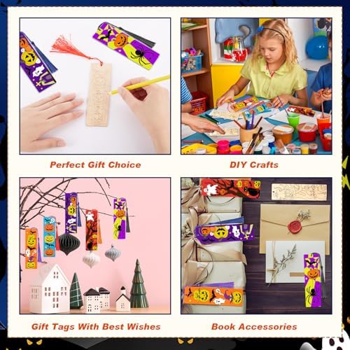 200 Pcs Halloween Wood Bookmarks to Color Bulk, Color Your Own with Tassels