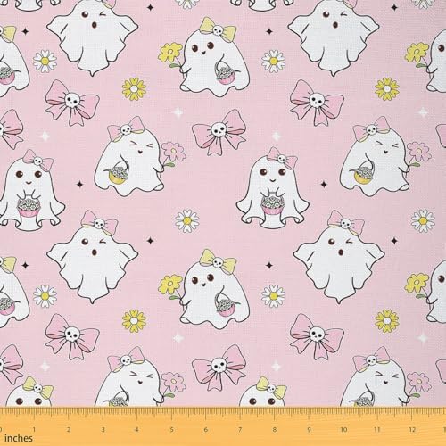 Halloween Ghost Fabric by The Yard,Cartoon Ghosts Flowers Soft Polyester No Stretch Fabric,Coquette Bowknot Skull Decorative Fabrics,Light Pink Crafts & Sewing Supplies,2 Yards,72" L x 59" W