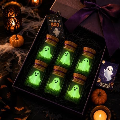 20PCS Halloween Ghost Wish Bottles Kit, Glow in The Dark Mini Ghost Jar Decorations with Decorative Moss, Cards, Tweezers & Twist Ties, Cute Spooky Party Favors and Halloween Gifts