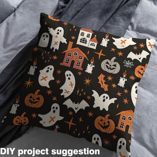 Feelyou Halloween Castle Upholstery Fabric By The Yard, Ghost Printed Reupholstery Fabric for Chairs,Bat Pumpkin Pattern Decorative Soft Flannel, 2 Yards,Black
