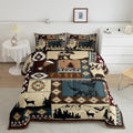 Deer and Bear Wild Animal Bedding Set King Size,Tribal Exotic Style Patchwork Plaid Comforter Set Room Decor for Home,Retro Rustic American Geometric Microfiber Down Comforter,with 2 Pillowcases