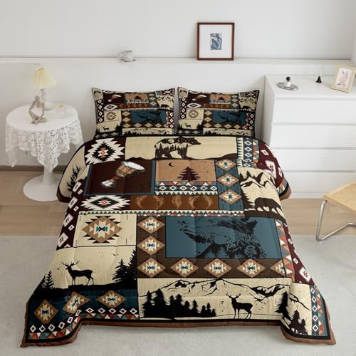Deer and Bear Wild Animal Bedding Set King Size,Tribal Exotic Style Patchwork Plaid Comforter Set Room Decor for Home,Retro Rustic American Geometric Microfiber Down Comforter,with 2 Pillowcases