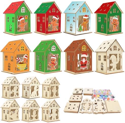 Fennoral 14 Pack Wooden Gingerbread House Craft Kit for Kids Make You Own 3D Gingerbread Man House Kit DIY Christmas Arts and Crafts for Chirstmas Party Supplies Christmas Table Decoration