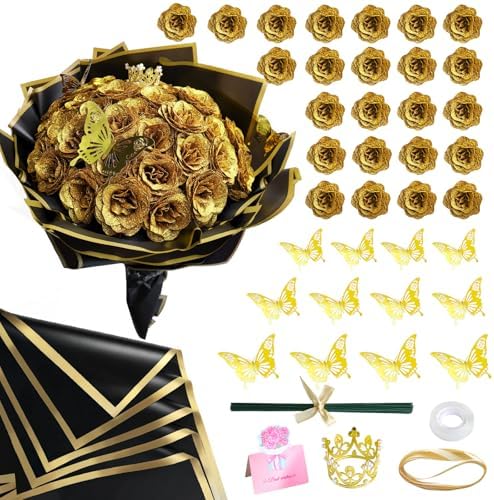 Gold Glitter Roses Bouquet Kit 24 Pack DIY Glittering Rose with Stems