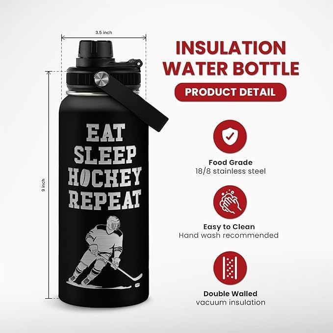 Ice Hockey Insulated Engraved Stainless Steel Water Bottle 32oz, Vacuum Chug Lid Travel Tumbler For Men Friends Hockey Lovers Fans Coaches,Birthday Christmas