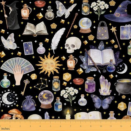 Castle Fairy Sun Moon Fabric by The Yard Boho Butterfly Diamond Fabric Soft Polyester No Stretch Magic Wizard Craft Patchwork Decor for Quilting Sewing 1 Yard,36" Lx59 W Black Purple Golden