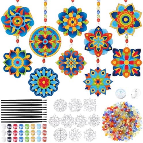 Dunzoom 30 Set Mandala Suncatchers Kits Mandala Flower DIY Suncatchers Craft Kits Make Your Own Paint Ornaments for Art Craft Summer Sun Catchers Party Supplies