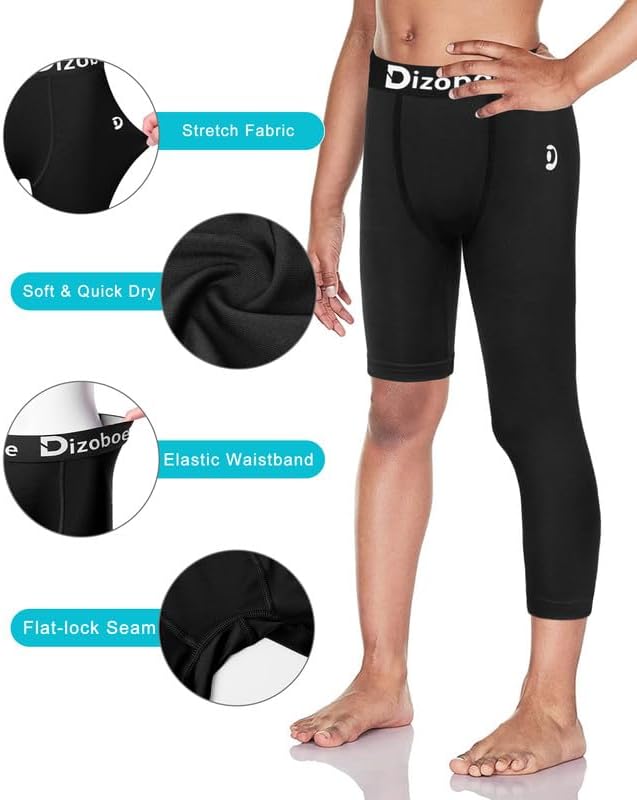 Youth Boys Compression Pants One Leg 3/4 Athletic Leggings for Sports Kids Basketball Tights Football Baseball Pants