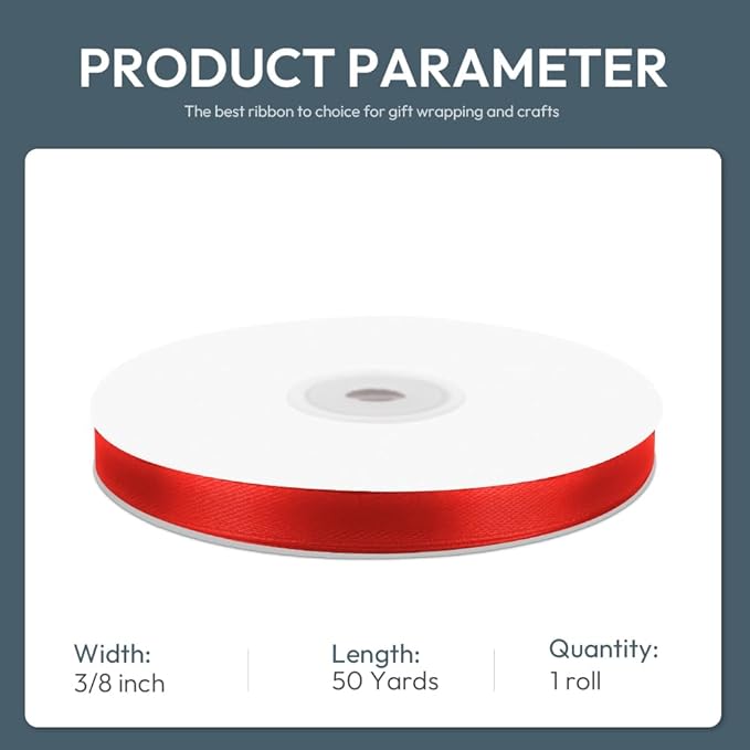 KMER LIFE 3/8" Wide x 50 Yards Red Single Faced Polyester Satin Ribbon - Image 2