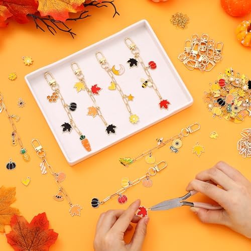 Tondiamo 266 Pcs Fall DIY Keychain Making Kit Gold Craft Autumn Charm