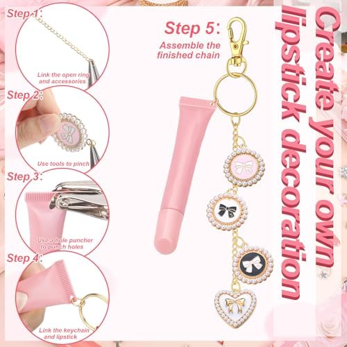 VioraWhite 213 Pcs Lip Gloss Keychain Making Kit Butterfly Purse Bag Charms 100 Pink Enamel Charms 32.81 ft Gold Chains for DIY Crafts Women