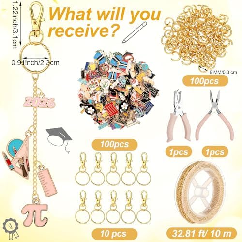 VioraWhite 213 Pcs Graduation Theme Lip Gloss Keychain Making Kit Class of 2026 100 Grad Enamel Charms 32.81 ft Gold Chains for DIY Crafts Women End of Year Gifts Congrats Grad Party Favors Decoration