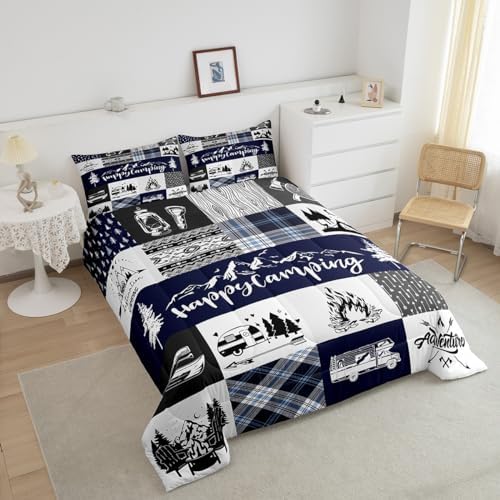 Camping Adventure Comforter Set King Size,RV Camper Accessories for Travel Trailers Bedding Set All Season Quilt Set,Rustic Blue Plaid Boho Aztec Exotic Microfiber Polyester Down Comforter