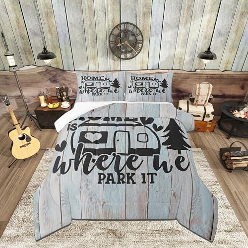 Farmhouse Rustic Camping Queen Size Comforter Set,Funny Home Where We Park It Bedding Set with 2 Pillowcases,Explore Camper Gifts RV Life Breathable Durable Inner Fill Polyester Bedspread