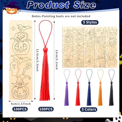 200 Pcs Halloween Wood Bookmarks to Color Bulk, Color Your Own with Tassels