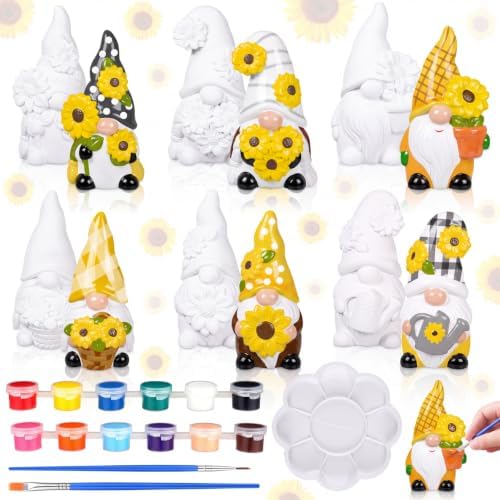 CroBlissful 6 Sets Ceramic Gnome Painting Kit Sunflower Unpainted Figurines